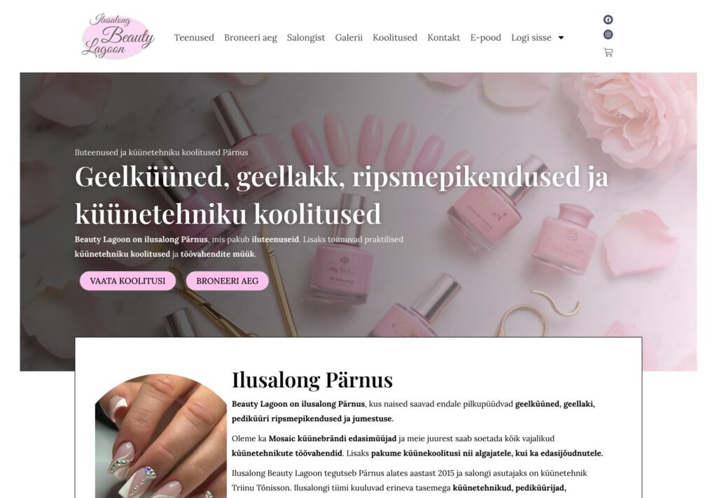 Beauty Lagooni ilusalongi koduleht, avalehe vaade teenuste ja koolituste tutvustusega