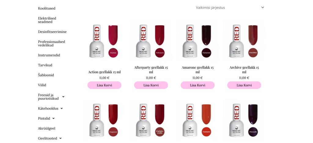Beauty Lagooni WooCommerce e-pood, vasakul tootekategooriad ning toodete loend hindade ja ostukorvi nuppudega