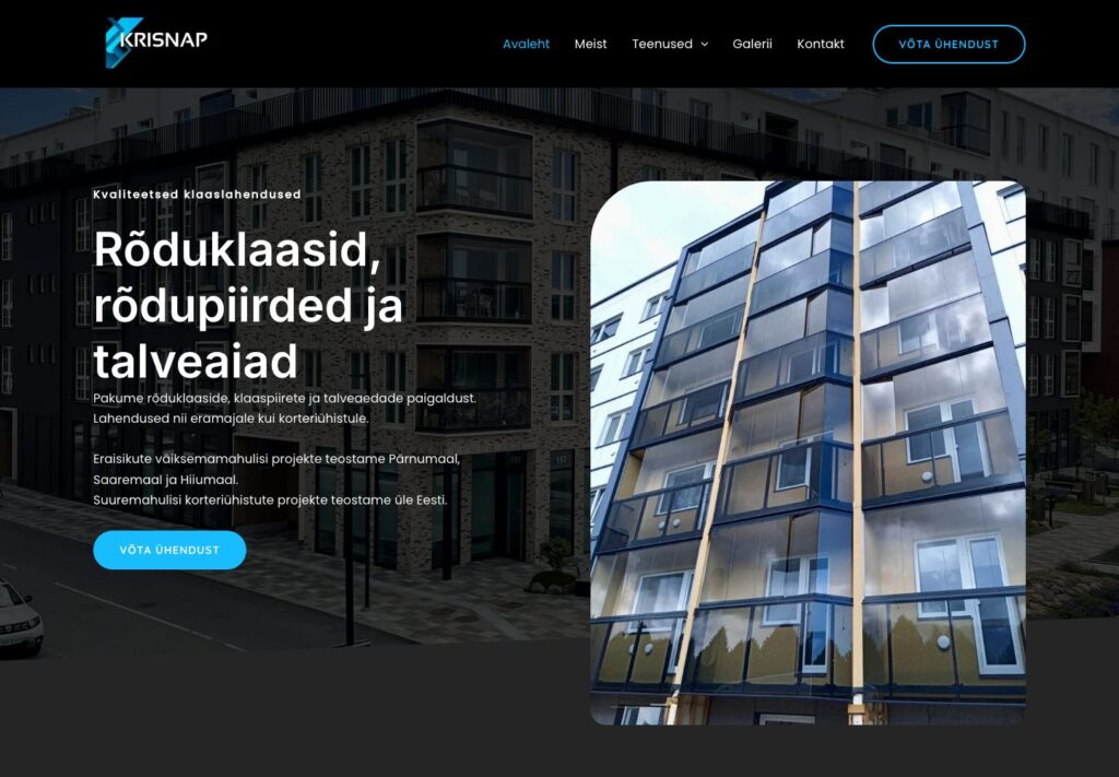 Krisnap.ee avaleht, rõduklaaside ja rõdupiirete teenuse tutvustus