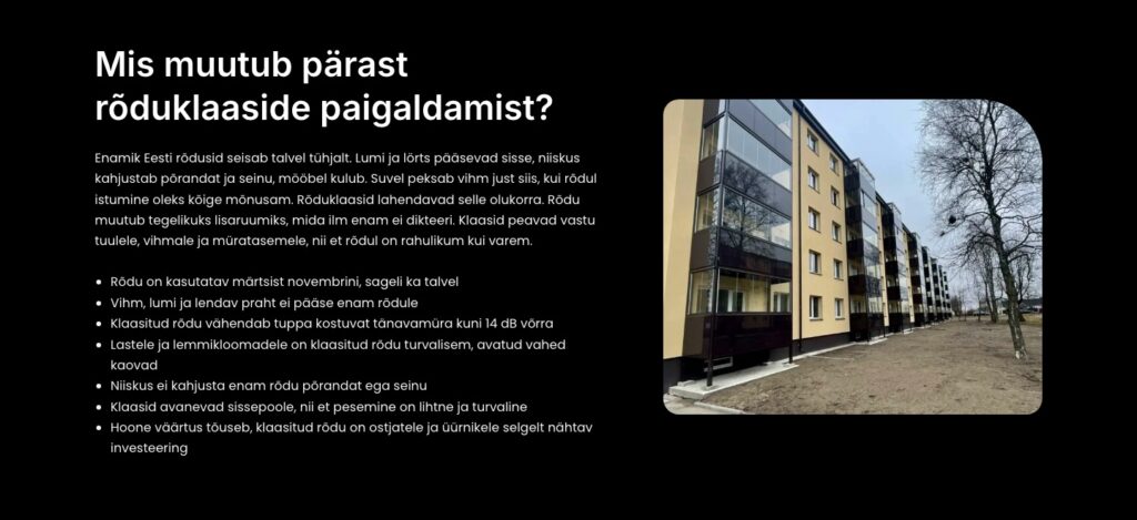 Krisnap.ee rouduklaaside teenuselehe sisu koos paigaldusprojekti fotoga