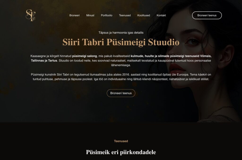 Siiri Tabri Püsimeigi Stuudio koduleht, avalehe vaade broneerimisnupuga